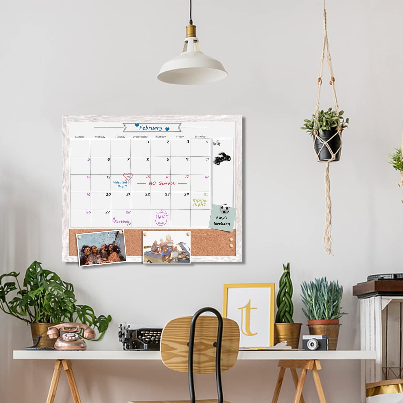 Dry Erase Calendar Whiteboard for Wall, Large Combination Magnetic Dry Erase White Board & Bulletin Board, 23.6" x 31.5" Wood Framed Calendar/Cork Combo Board(WH-6080)