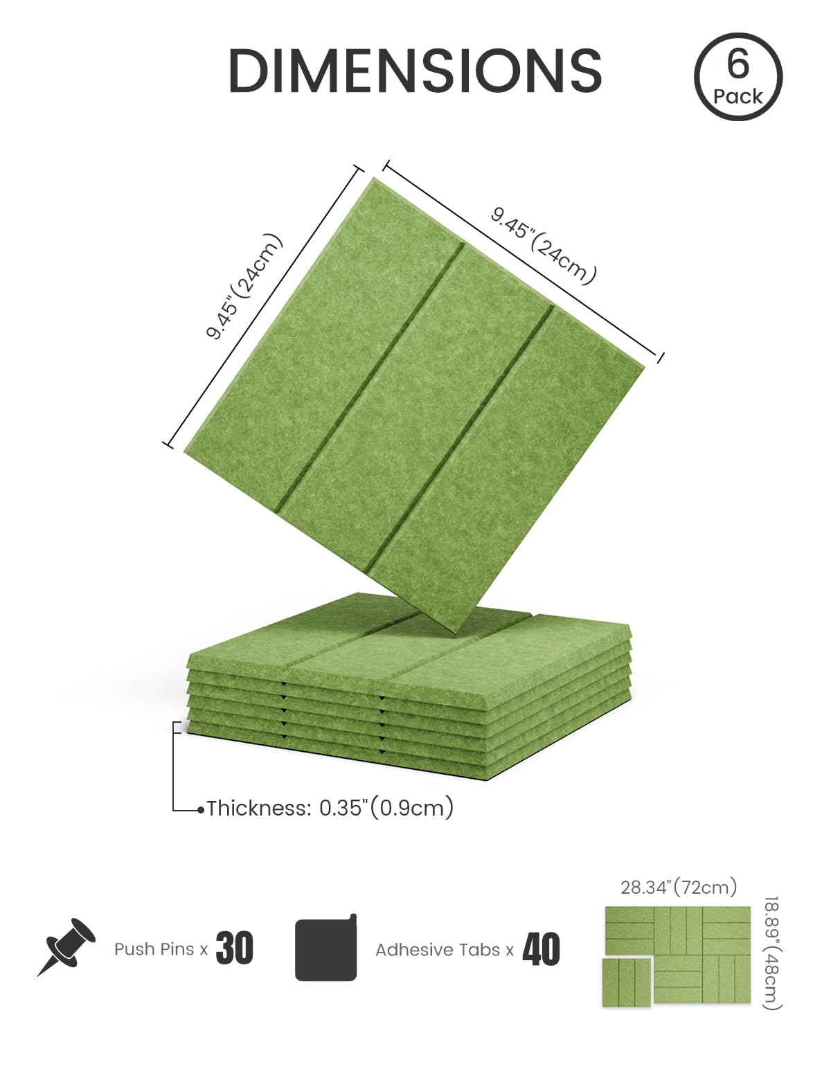 Felt Bulletin Board Tiles -28"x18" with 40 Adhesive Tabs, Cork Board Alternative for Office Decor, Push Pin Board Wall Organizer 6-Pack (Grass Green)