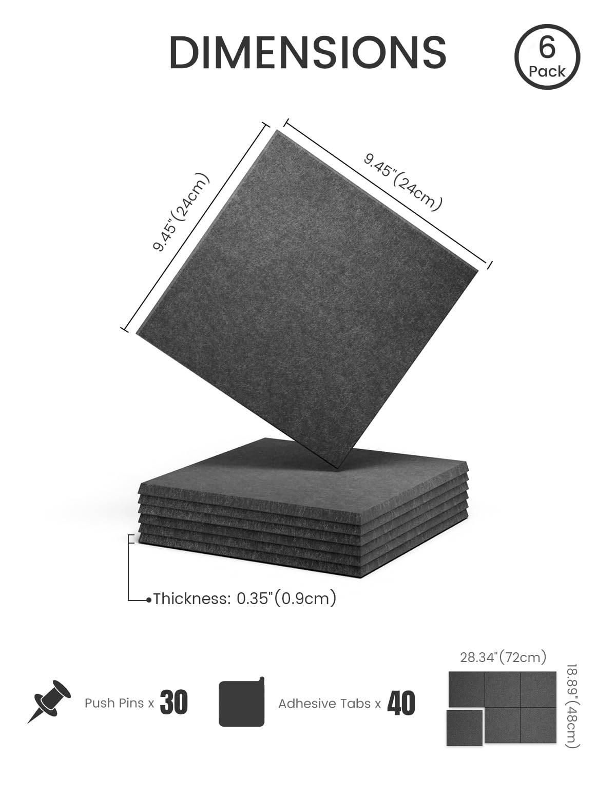 Felt Bulletin Board Tiles -28"x18" Cork Board Alternative for Office Decor, Push Pin Board Wall Organizer 6-Pack - Charcoal Gray
