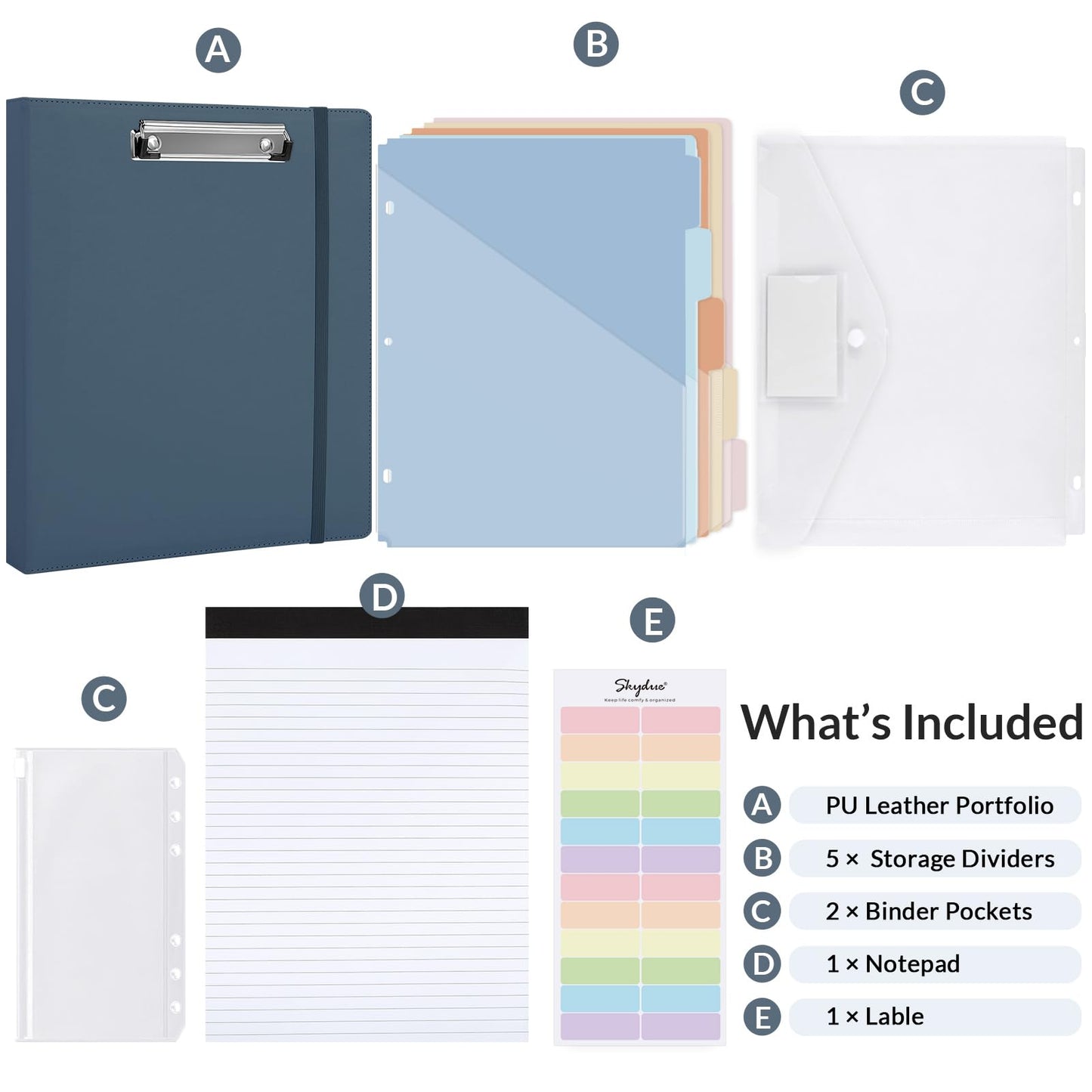 SKYDUE 3 Ring Binder with Clipboard, 13.2" × 10.2" Faux Leather 1 Inch Binder Organizer with 5 Pocket Dividers, Notepad, Labels & 2 Storage Pockets for Teachers, Students, Nurses & Office Work