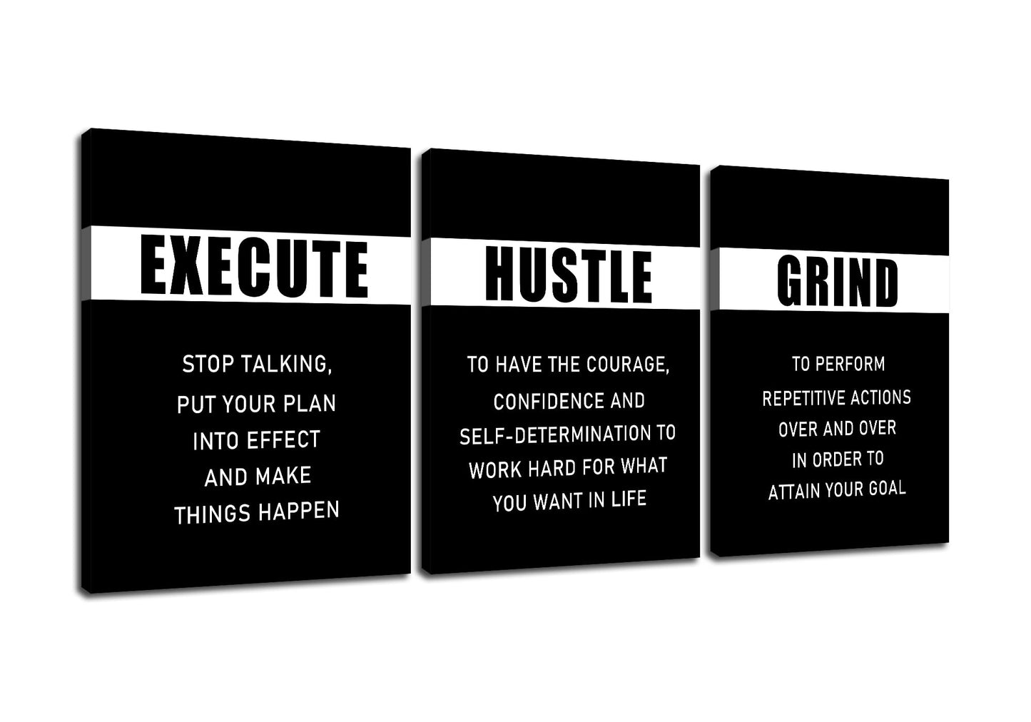 PSYYSP 3 Piece Canvas Wall Art Execute Grind Hustle Posters, Black White Motivational Triptych Wall Decor for Office, Bedroom, Dorm, Business Workspace, Framed Canvas 36x16inch