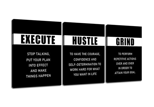 PSYYSP 3 Piece Canvas Wall Art Execute Grind Hustle Posters, Black White Motivational Triptych Wall Decor for Office, Bedroom, Dorm, Business Workspace, Framed Canvas 36x16inch