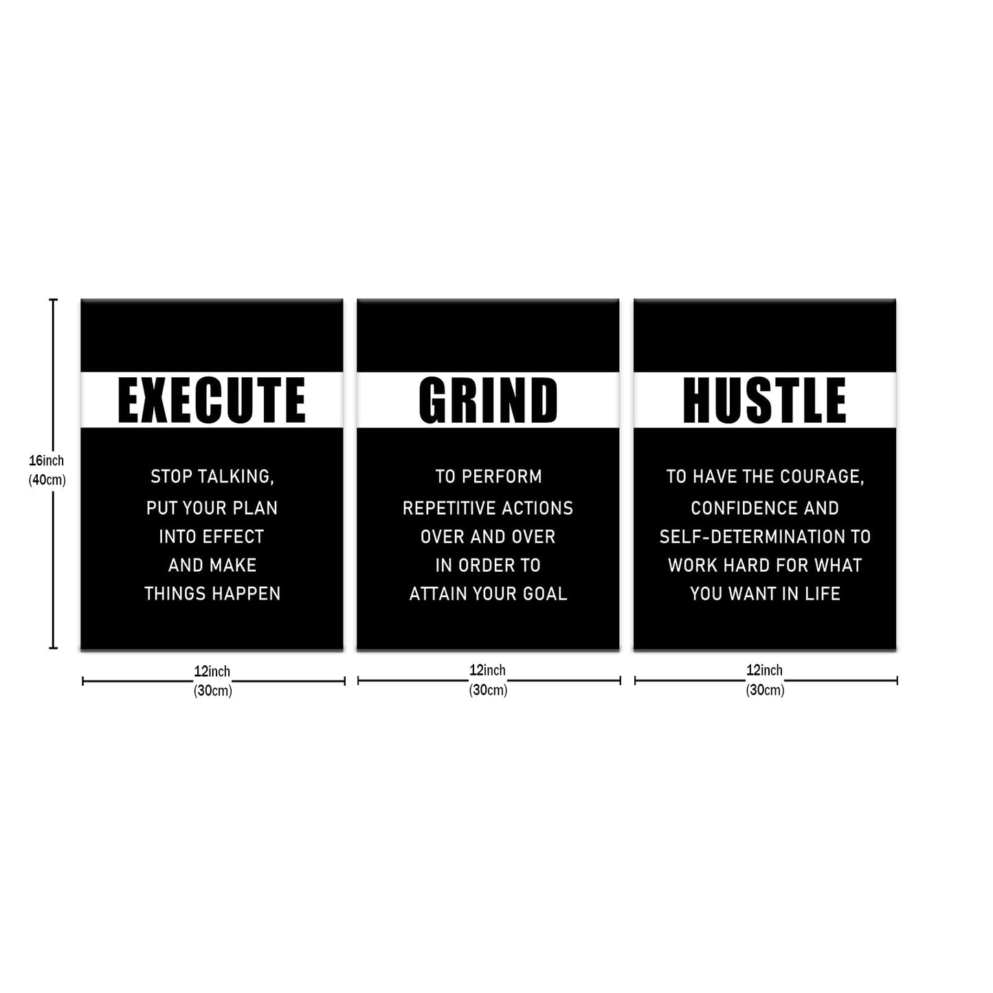 PSYYSP 3 Piece Canvas Wall Art Execute Grind Hustle Posters, Black White Motivational Triptych Wall Decor for Office, Bedroom, Dorm, Business Workspace, Framed Canvas 36x16inch