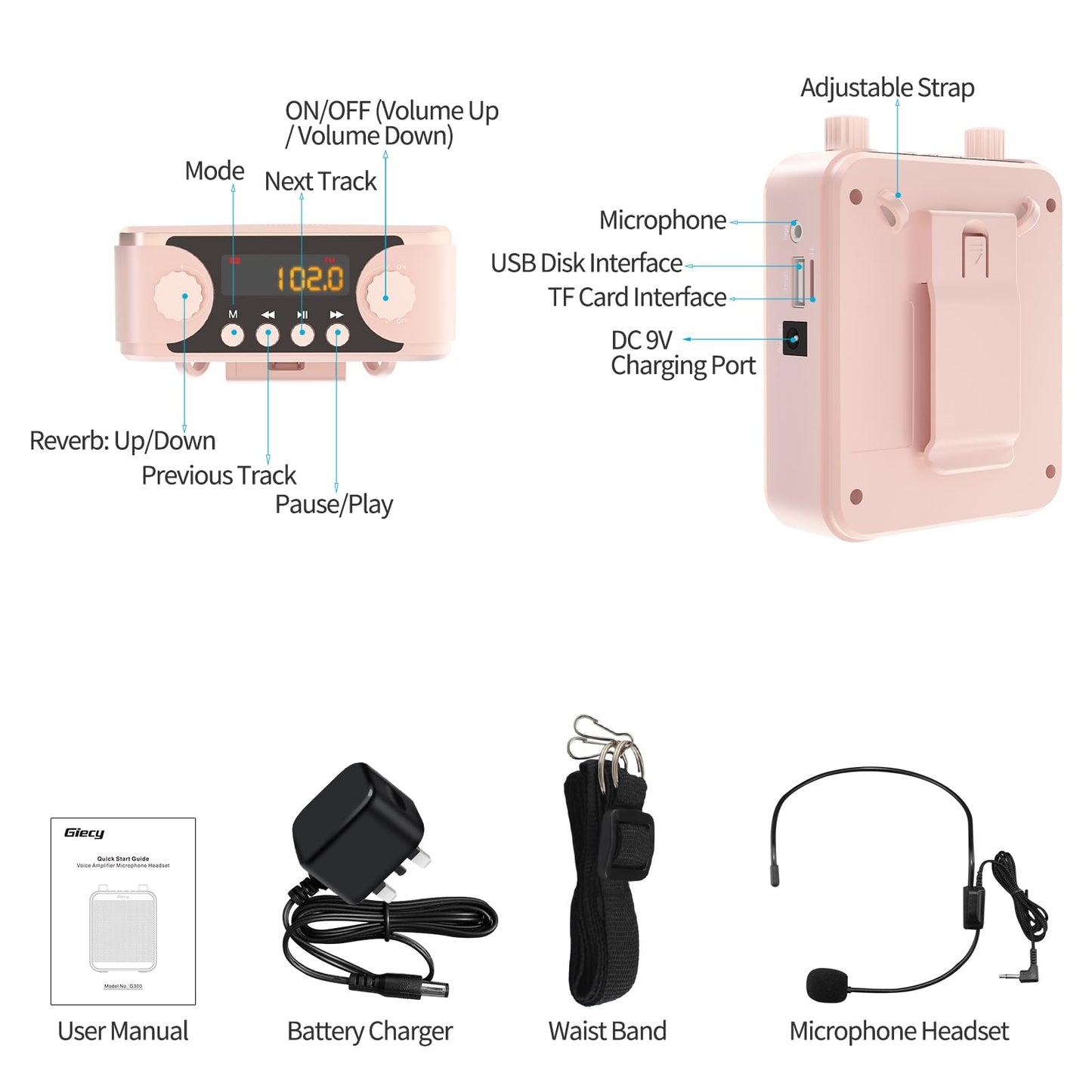 Giecy 30W Portable Voice Amplifier with Wired Microphone Headset, 2800mAh Rechargeable PA System Speaker Personal Microphone Speech Power Amplifiers Loudspeaker for Teachers/Metting/Tour Guide