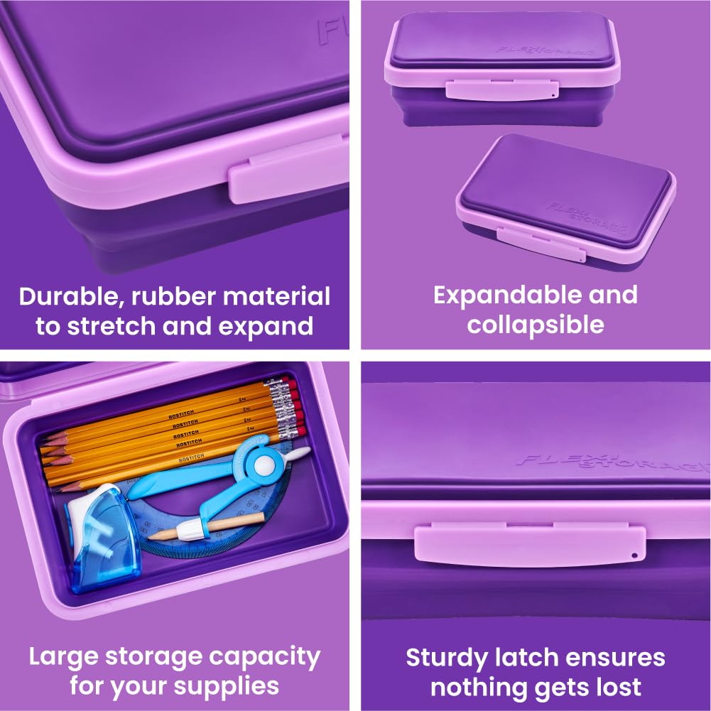 LockerMate by Bostitch Flexi Storage Box 4 Piece Kit, Collapsible Pencil Case Design for Craft and School Supplies, Purple