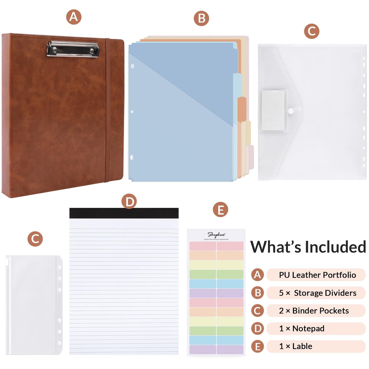 SKYDUE 3 Ring Binder with Clipboard,1 Inch Binder, 13.2" × 10.2" PU Clipboard Binder with Notepad & 5 Dividers with 5 Pockets, Labels, Clipboard Folder Great for School Office(Fit Letter Sized Paper)