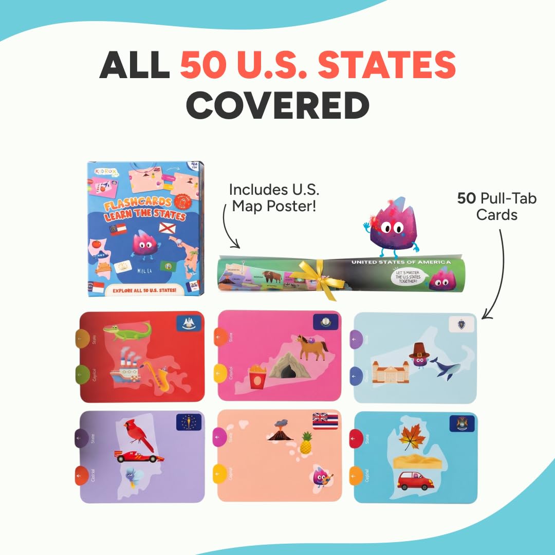 Kidrox Flashcards: Learn the 50 U.S. States – Pull-Tab Geography Game for Kids Ages 6+ | State Maps, Flags & Capitals | Includes U.S. Map Poster