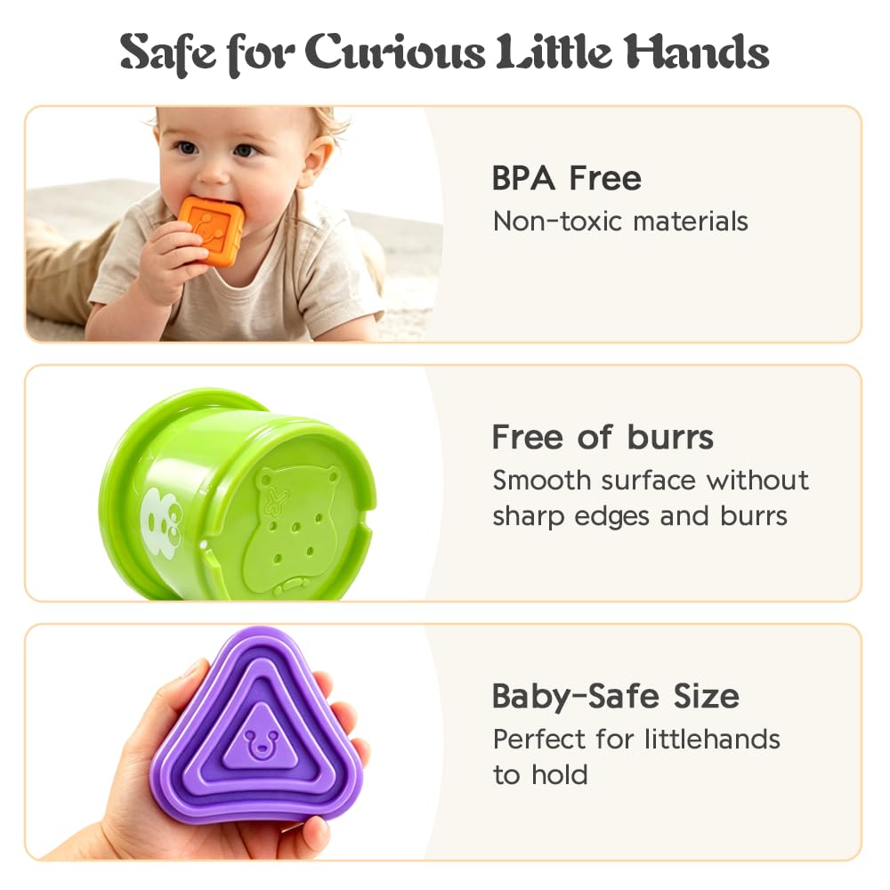 Caiery 4 in1 Montessori Toys for 1 Year Old,17 Pcs Boys Girls 1st Birthday Gifts, Stacking Cups,Shape Sorter,Multi Sensory Shapes for Babies Early Educational Baby Travel Toys for Toddler 6-12 Months