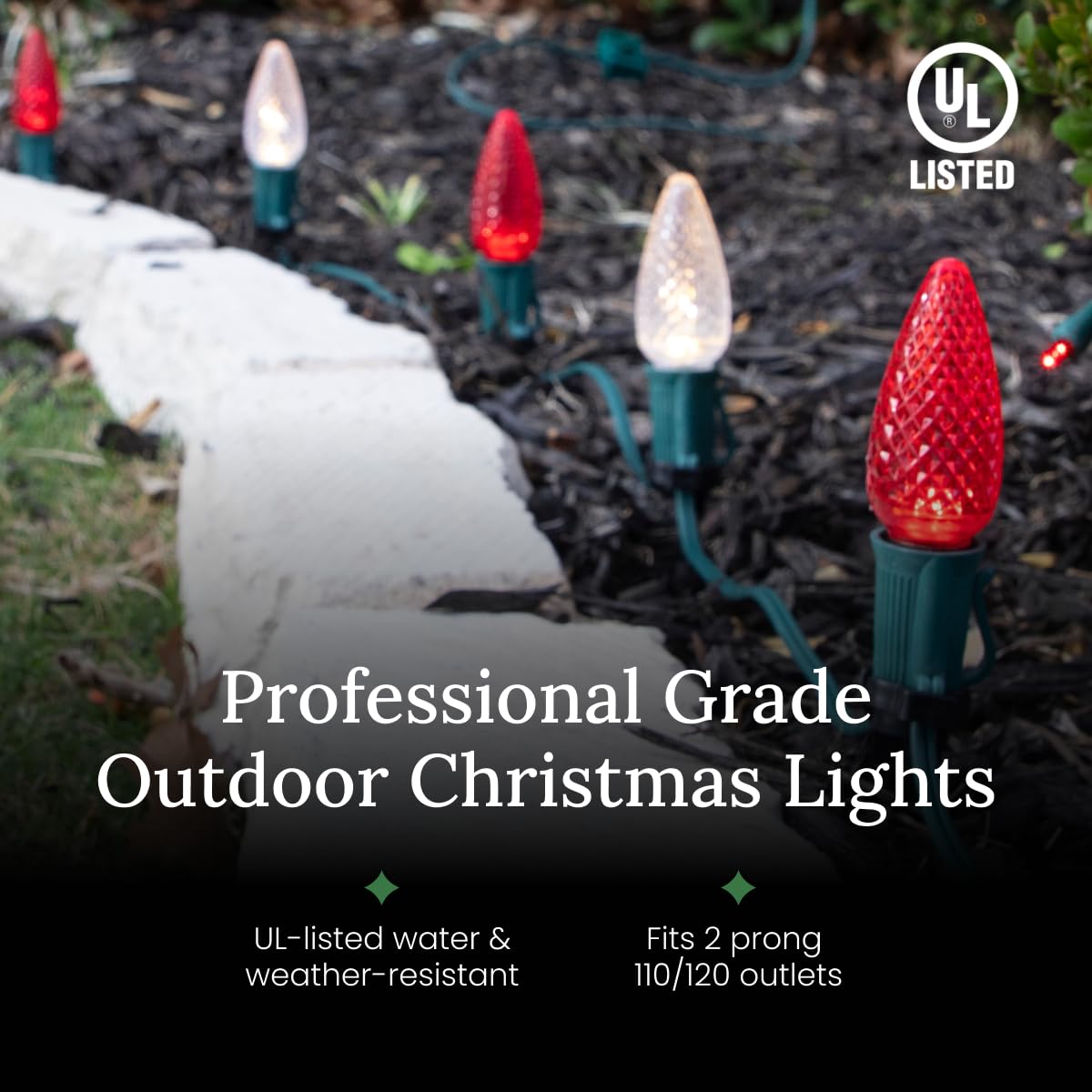 Christmas Designers Pro Christmas C9 Light Cord, 50 ft, 40 Bulb Sockets, 15in Spacing, Green Wire, Outdoor Holiday Decor