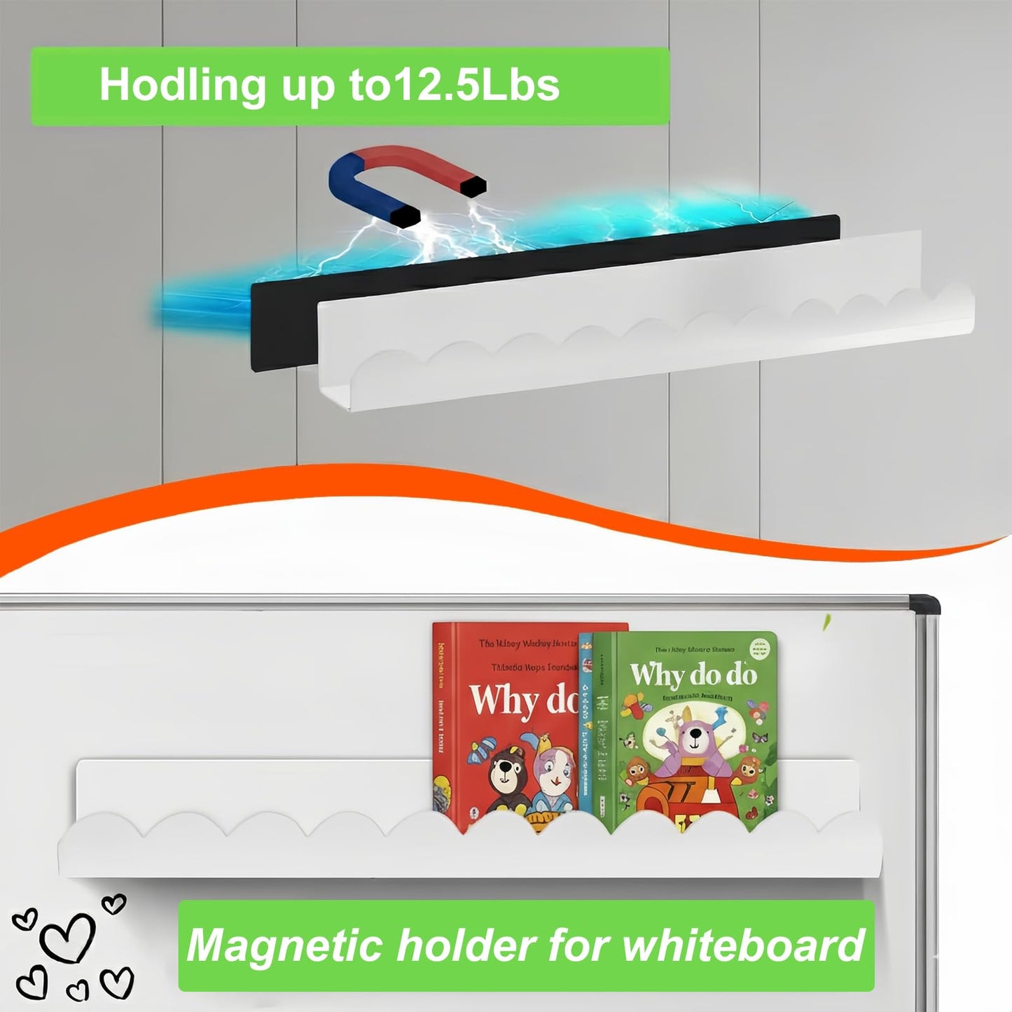 luniteling 2 Pack Magnetic Book Shelf for whiteboard,12.5LBS Holder Acrylic Scalloped Floating Shelves,16.73"x2.56"x2.76 Magnetic Floating Shelf for Classroom, Home & Office & Refrigerator Use(White)