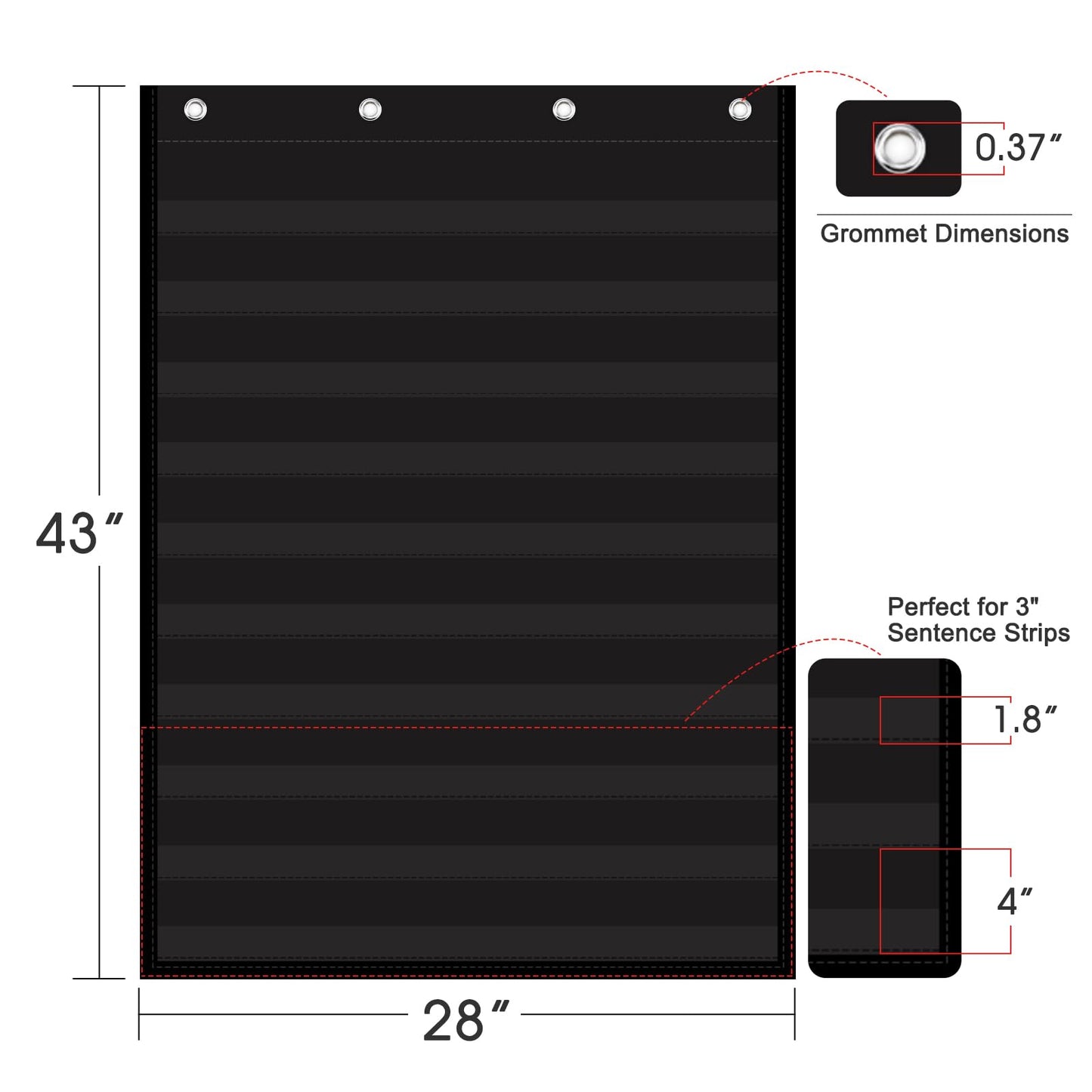 AUVCAS Pocket Chart for Classroom & Homeschool,10 Clear Pocket Hanging Organizer for Sentence Strips,Word Walls & Calendar Display,Holds All Standard Cards,Heavy Duty 43" x 28" - Black