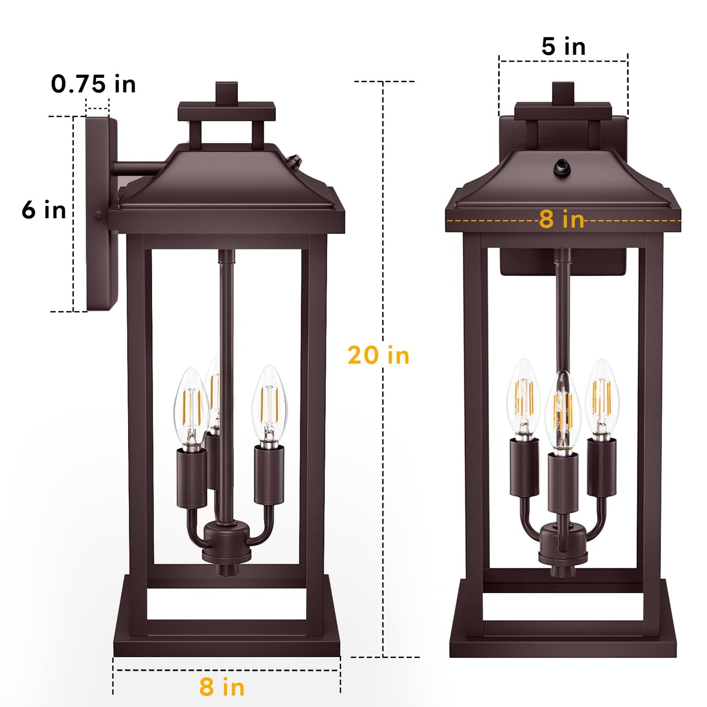 VenzBlomia Outdoor Wall Lanterns 3-Light, 20in Oil Rubbed Bronze, 2-Pack, Dusk to Dawn Photocell Sensor, Vintage Metal Sconce