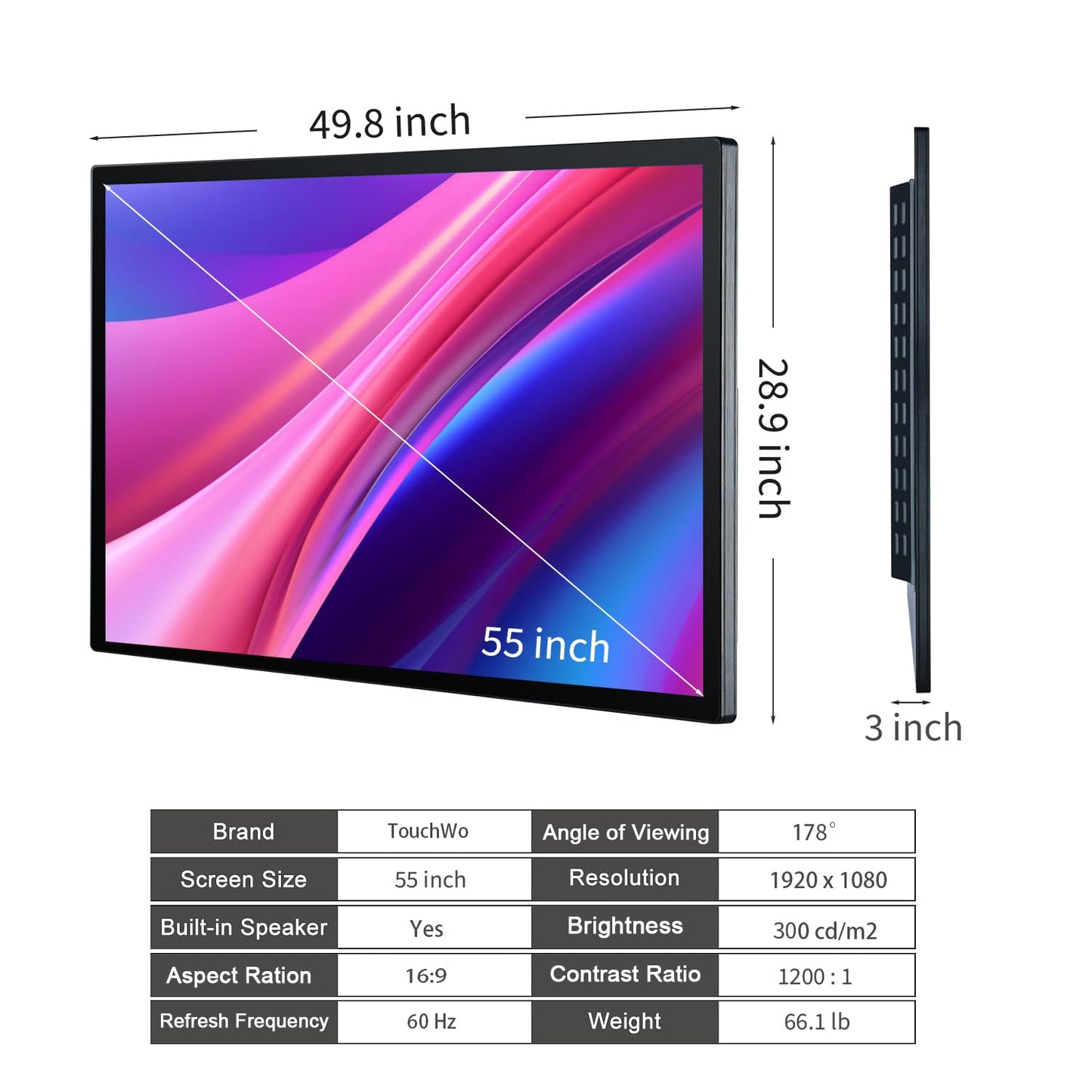 TouchWo 55 inch Capacitive Multi-Touch Screen Industrial Monitor, 16:9 Display 4K, Built-in Speakers, USB, VGA, DVI & HD-MI Ports, Digital Signage Displays and Player for Advertising