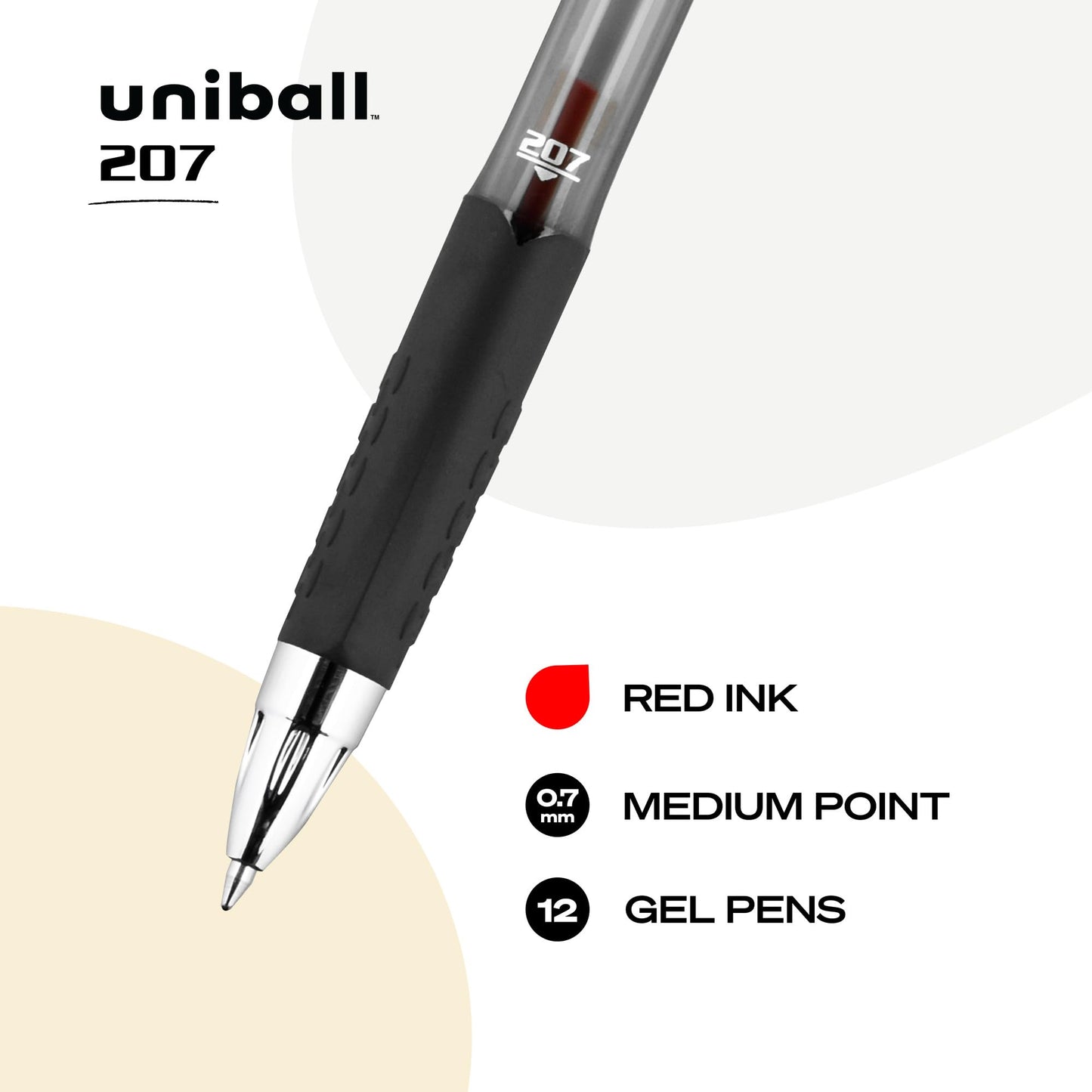 uni-ball® 207™ Retractable Fraud Prevention Gel Pens, Medium Point, 0.7 mm, Black Barrels, Red Ink, Pack of 12