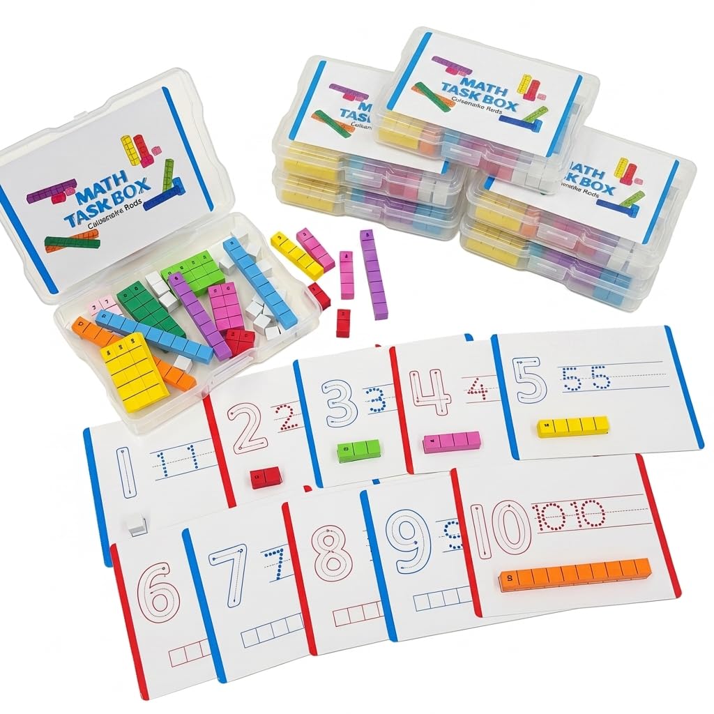 Math Task Boxes Set of 5 Math Manipulatives Themes 230+ Pieces of Number Rods, Base Ten Blocks, Ten Frame Disc Counters, Place Value Blocks, 0-9 Numbers, 3D Shapes, Activity Cards (Number Rods)