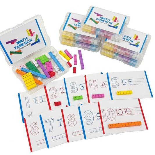 Math Task Boxes Set of 5 Math Manipulatives Themes 230+ Pieces of Number Rods, Base Ten Blocks, Ten Frame Disc Counters, Place Value Blocks, 0-9 Numbers, 3D Shapes, Activity Cards (Number Rods)