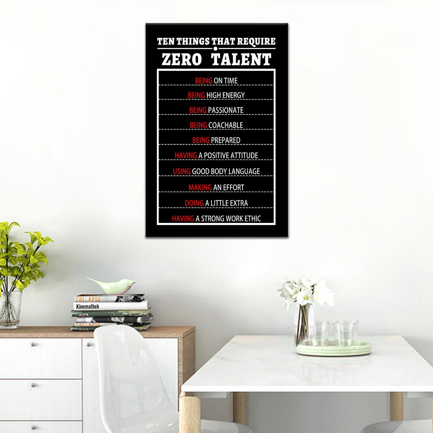 PSYYSP Motivational 10 Things That Require Zero Talent Canvas Wall Art Entrepreneur Positive Quotes Inspirational Picture Poster for Classroom Bedroom Office Wall Decor Ready to Hang [12''Wx18''H]
