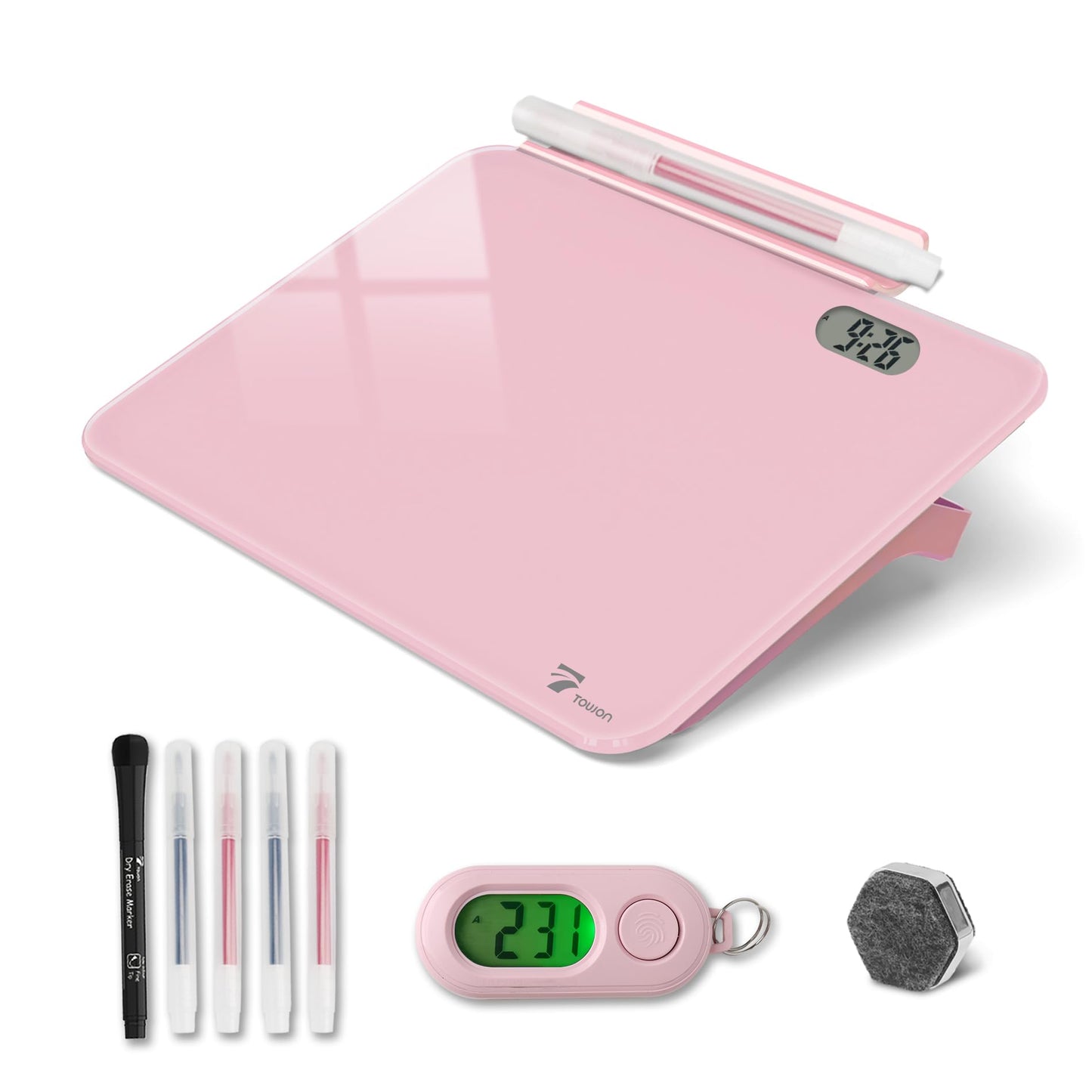 Small Glass Desk Whiteboard Dry-Erase Board with Clock, Small Travel Reminder Clock Keychain with Desk Notepad, Time Table Whiteboard for Desk Digital LED Light Display, 8x6 in with Accessories, Pink