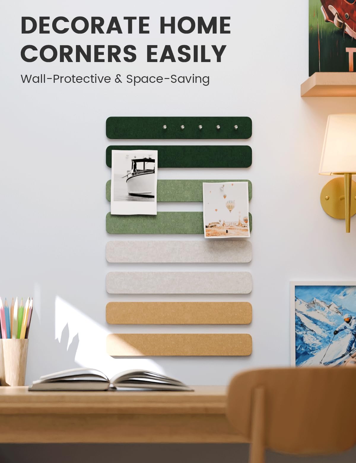 Fluxynara Cork Board Alternative Felt Strip Board 8-Pack 13"x2", Office Pin Board with 50 Push Pins, Adhesive Install for Bedroom Door & Home Office (Moss Glimmer)