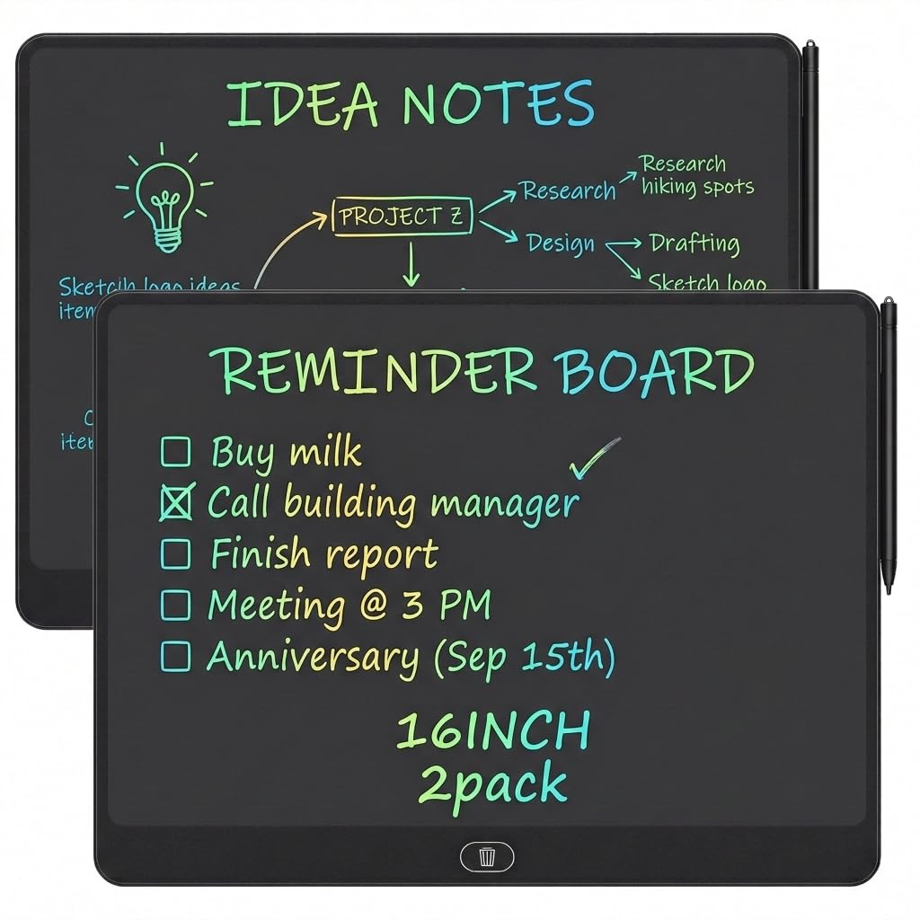 16 Inch LCD Writing Tablet 2 Pack, Large Electronic Notepad for Adults, Reusable Digital Memo Board for Office Desk and Meetings, Erasable Paper Tablet, Battery Operated (Black)