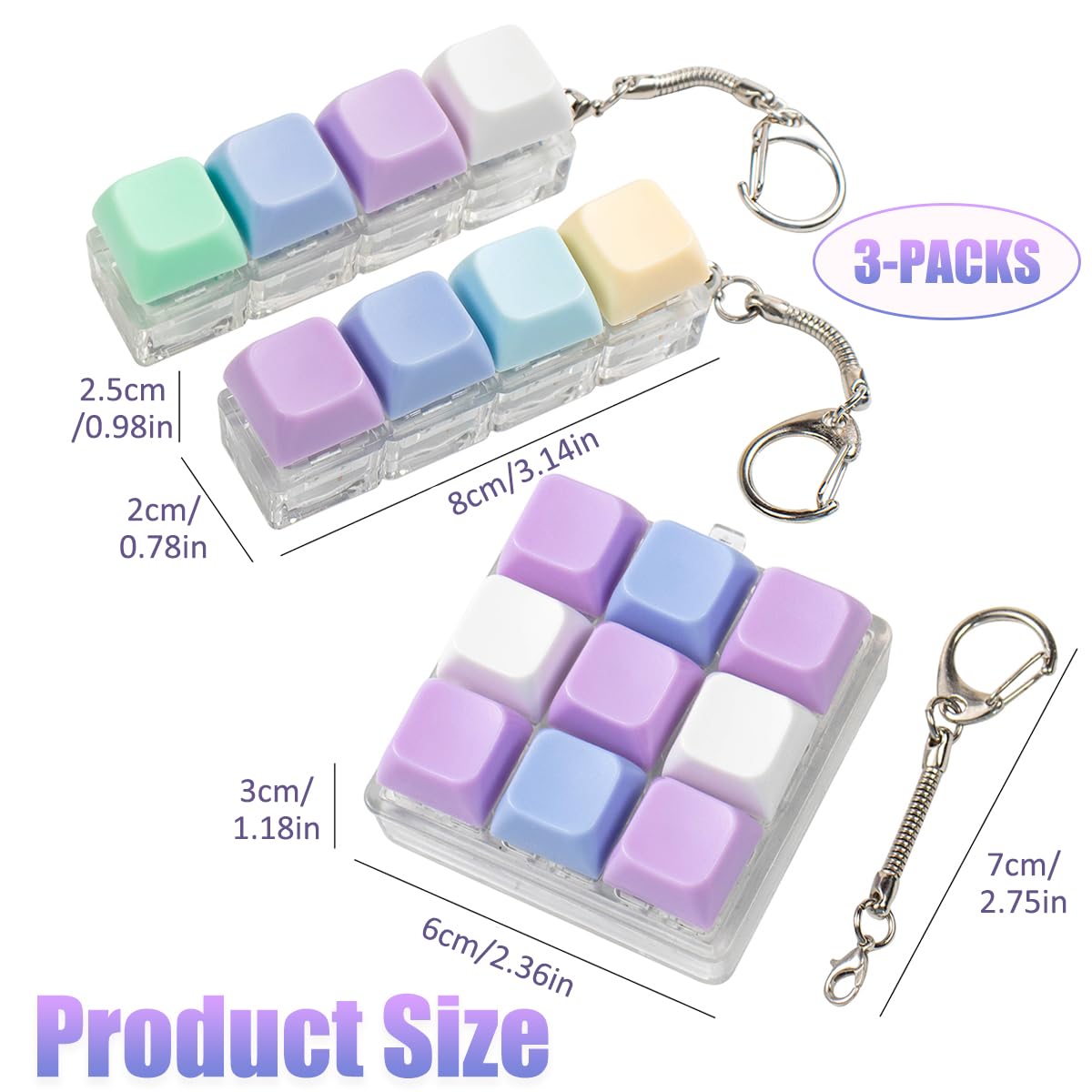 3 Pcs Keyboard Fidget Toy, Purple Loud Fidget Keyboard Keychain 4-in-1 Keyboard Clicker Fidget Toy Stress Relief, 9Key Fidget Clicker Toys for Anxiety Decompression, Purple