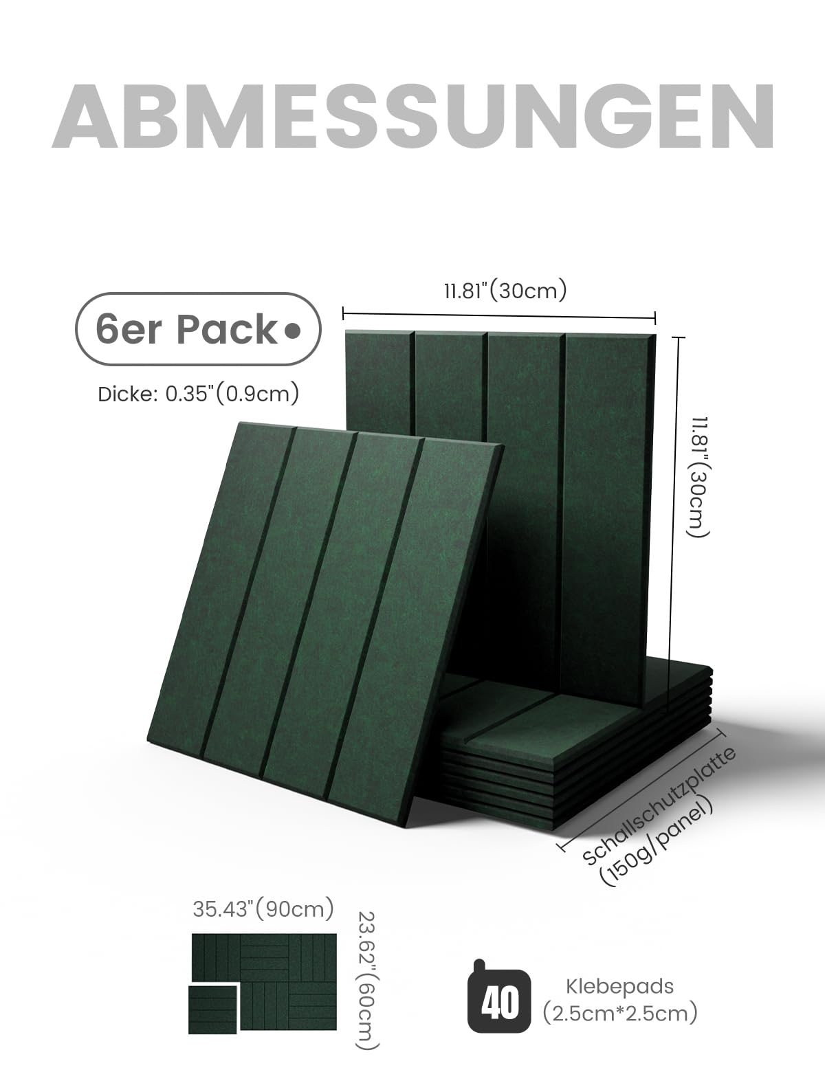 Bumusty Large Cork Board Alternative-36 x 24" Felt Bulletin Board Tiles, with 30 Pushpins, 40 Adhesive Tabs, Bold-Stripe 6-Pack, Cork Boards for Office Push Pin Board Felt Board-Pine Green