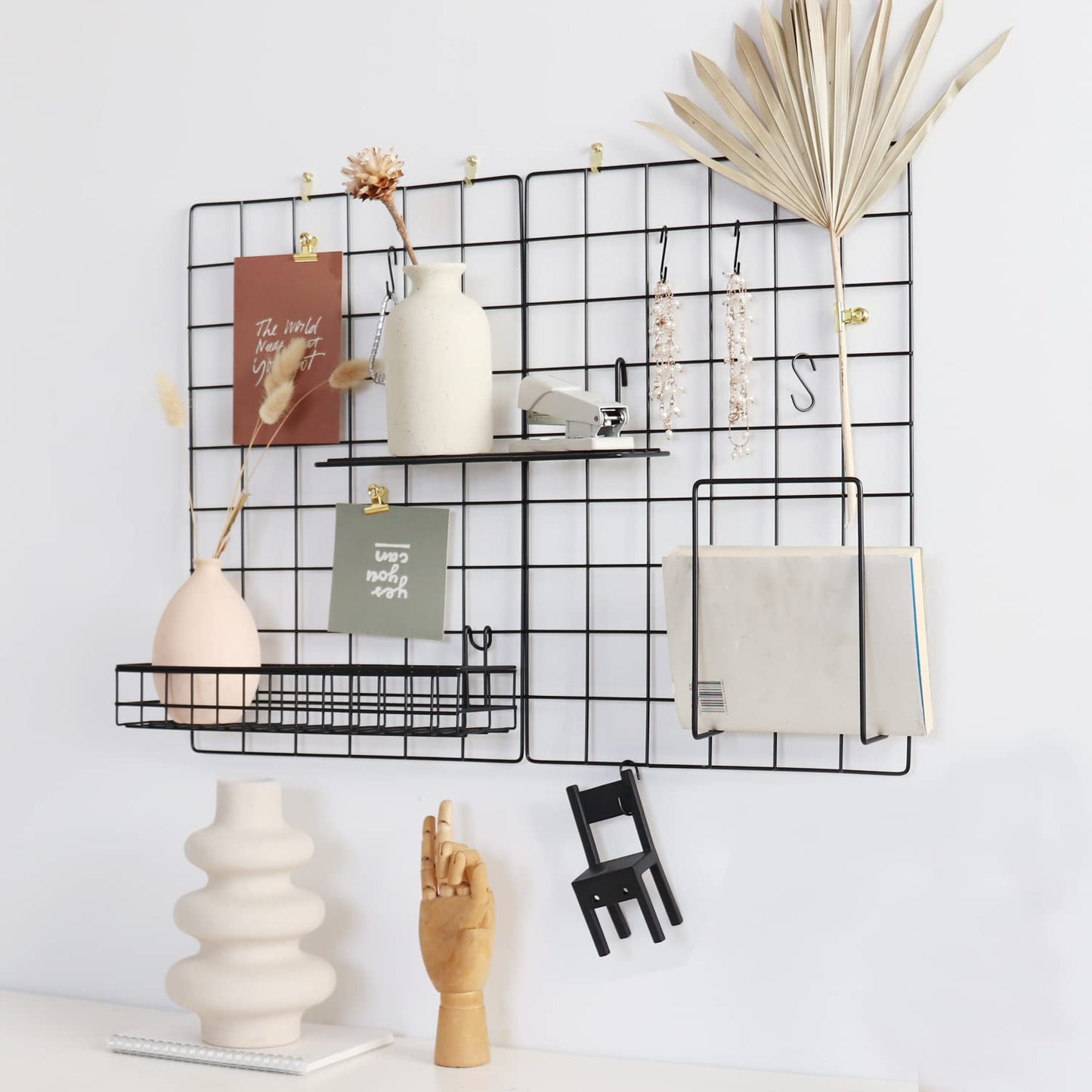FRIADE Wall Grid Panel for Photo Display,Wall Storage Organizer,5 Metal Clips & 3 S Hooks & 4 Nails & 4 Plastic Hanging Buckles and 4 Screws Offered,Size 17.5" x 11.8"，Set of 2 (Black)