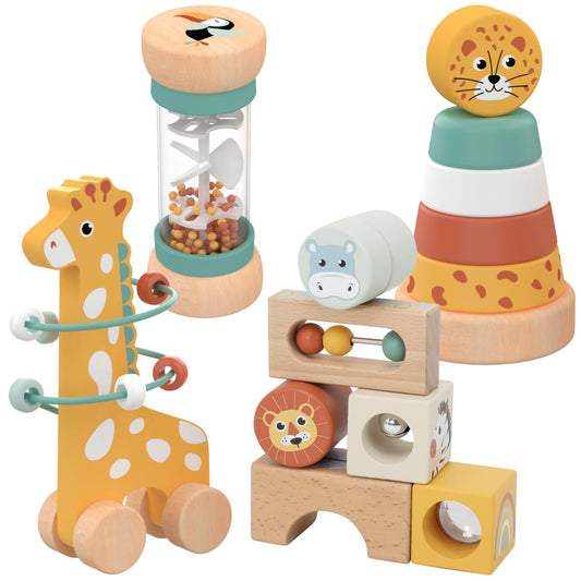 Nene Toys Montessori Toys for 1 Year Old – 4-in-1 Wooden Sensory Toy Set with Stacking Rings, Rainmaker, Giraffe Bead Maze & Activity Blocks – Educational Gift for Toddlers, Boys & Girls Age 1+