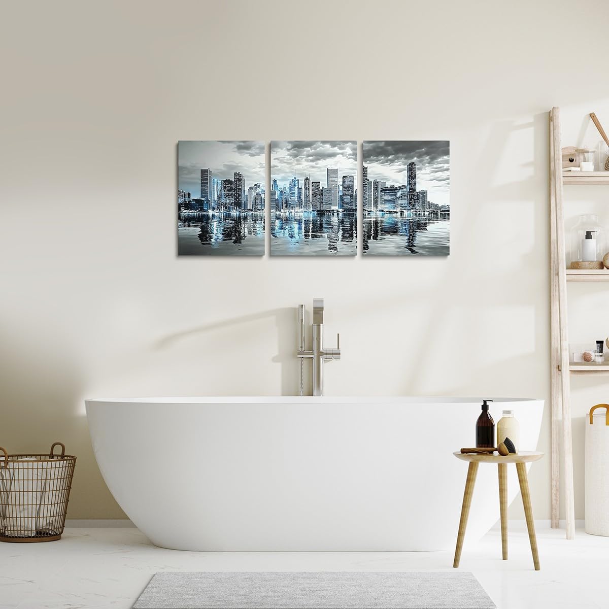 jejeloiu Skyscraper Canvas Wall Art for Living Room Bedroom 12"x16"x3pcs Modren City Picture Wall Decor for Bathroom Night Scene Office Decorations Artwork Posters Painting Blue Grey