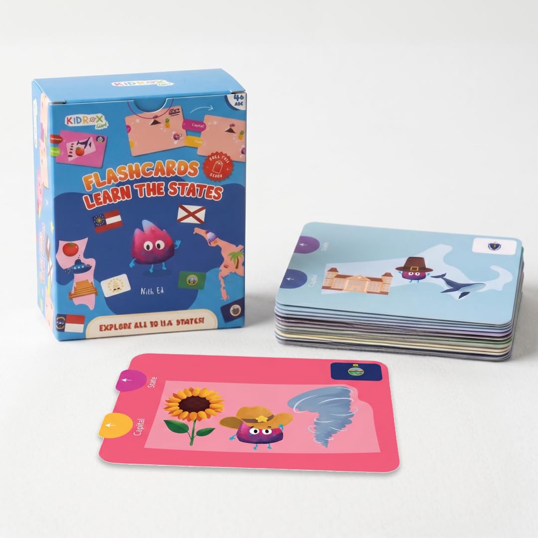 Kidrox Flashcards: Learn the 50 U.S. States – Pull-Tab Geography Game for Kids Ages 6+ | State Maps, Flags & Capitals | Includes U.S. Map Poster