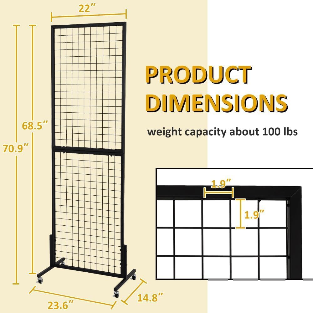 OUDUCK 2 Packs 1.8' x 5.7' Grid Wall Panels Standing Wire Grid, Display Rack with T-Base Wheels Freestanding Gridwall Panel Tower for Shows, Black