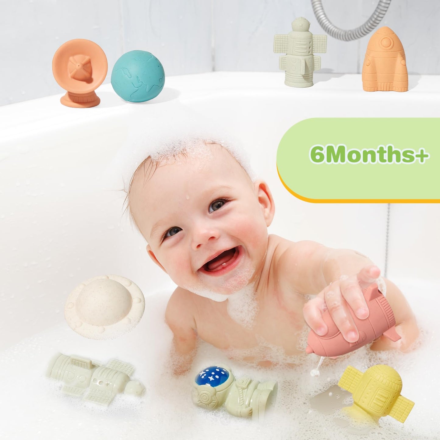 AMCHSURI Mold-Free & No Holes Bath Toys 9 Pack | Safe Astronaut & Rocket Ship Toys for Babies 6-12M & Toddlers 1-3Y | Bathtub Pool Float Toys for Boys Girls