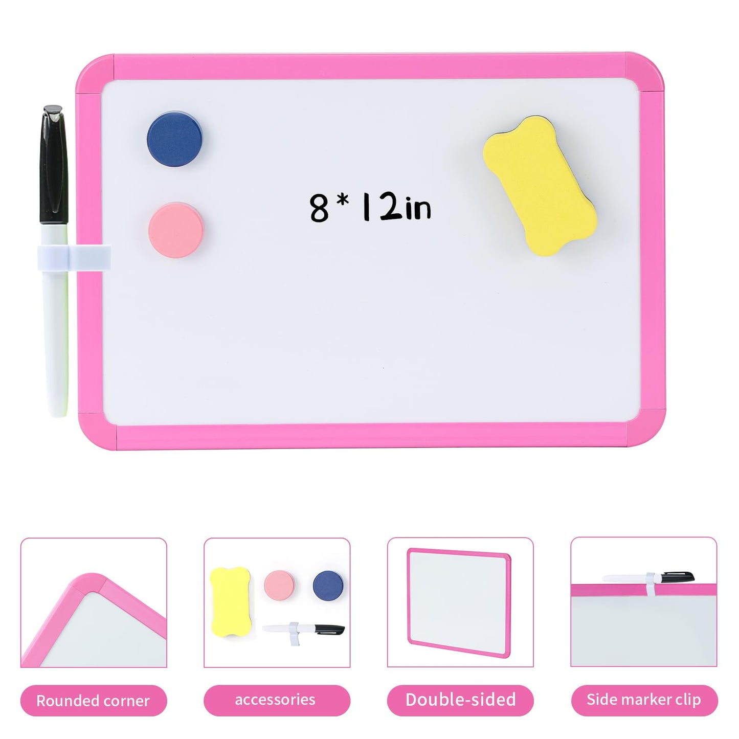 MXG Double Sided Pink Dry Erase Board, 8x12 Inch Small White Board with Marker & Eraser for Desk, Wall, Fridge, Portable Mini Whiteboard for Office, School, Coaches, Students, Kitchen