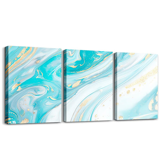 3 Piece Blue Marble Canvas Wall Art for Living Room Bedroom, Pastel Golden Blue Golden Paintings Wall Decor Modern Abstract Wall Art Luxury Decor Poster Prints Ombre Artwork Prints