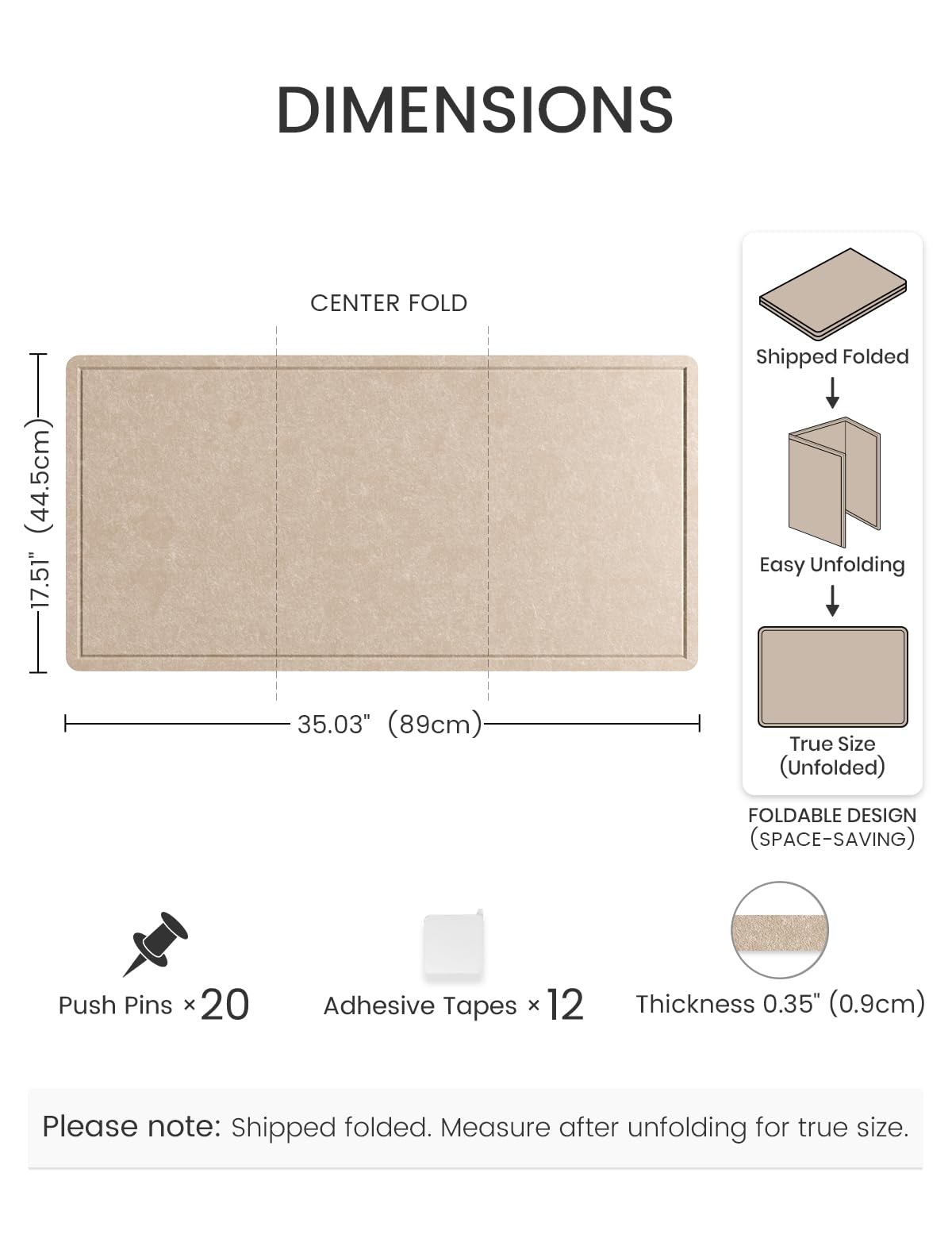Fluxynara Bulletin Board, 35" x 17.5" Cork Board Alternative with 12 Safe Removable Adhesive Tabs, Foldable Felt Pin Board for Home Office, Classroom, Bedroom,Entryway for Walls—Taupe