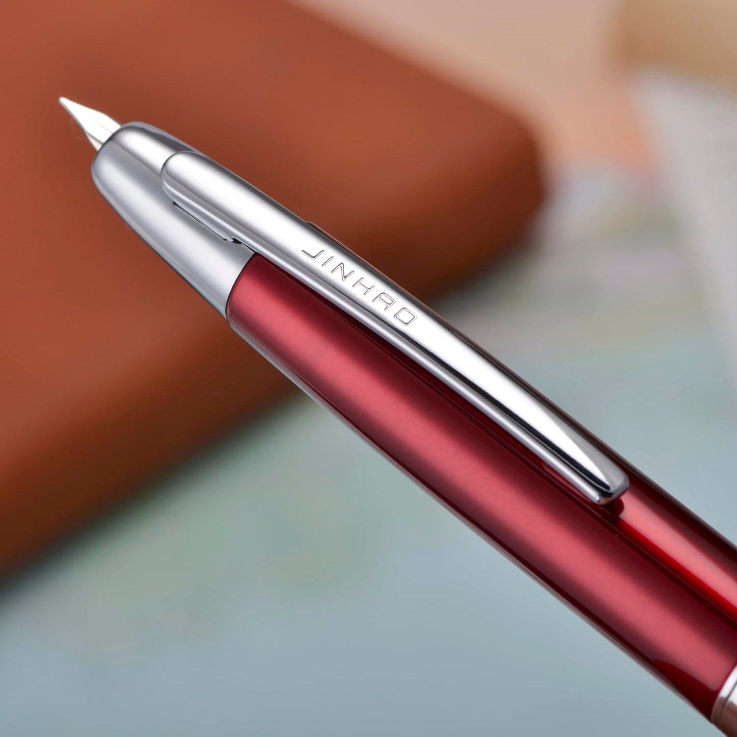 Jinhao 10 Press Fountain Pen with Box, Rose Red Retractable Extra Fine Nib with Ink Converter Set (Silver Clip)