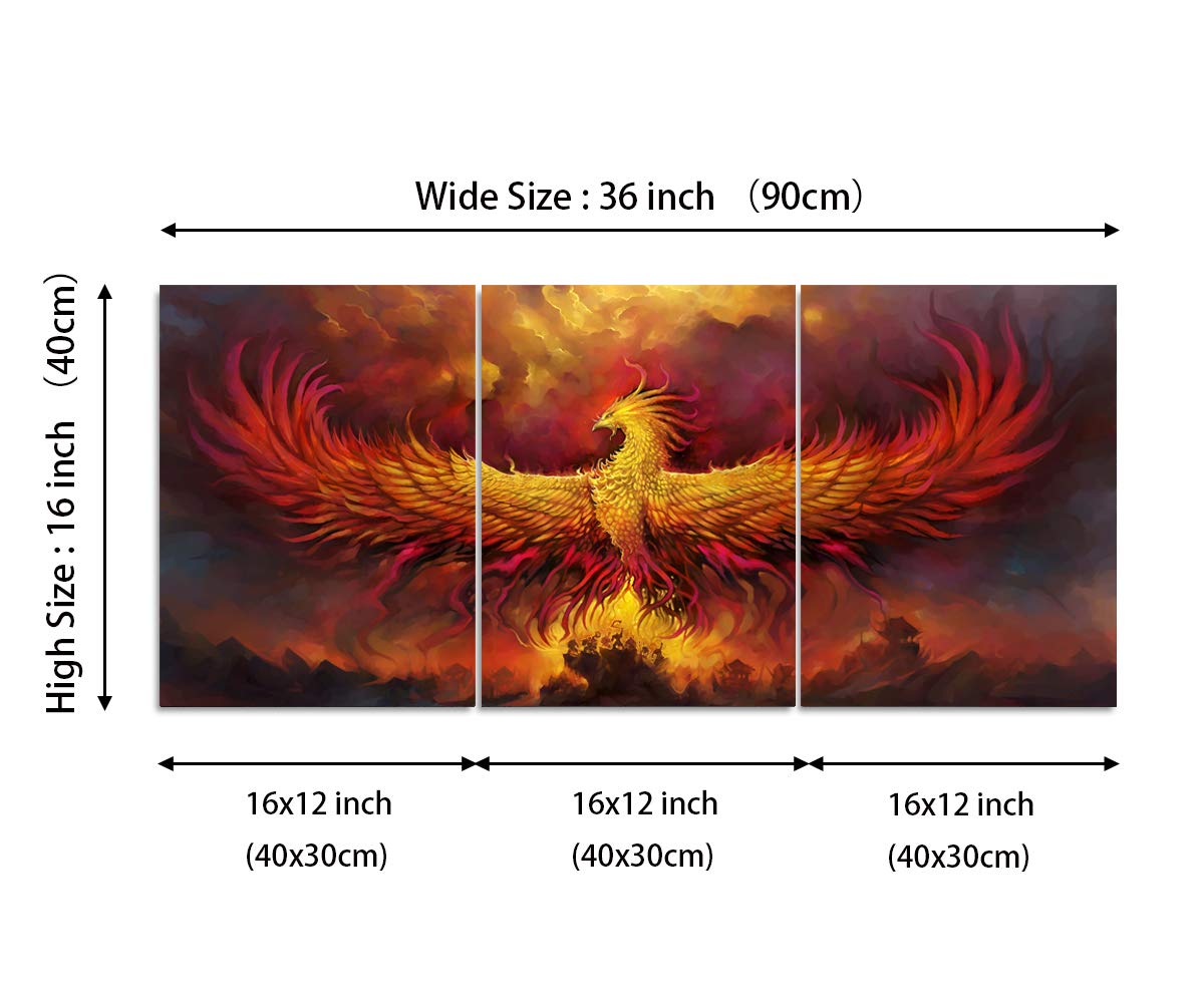 Fire Phoenix Wall Art Prints Volcanic Burning Phoenix Birds Canvas Picture Posters Prints Artwork 3 Piece Home Office Living Room Bedroom Decor Framed Ready to Hang - 36" W x 16" H