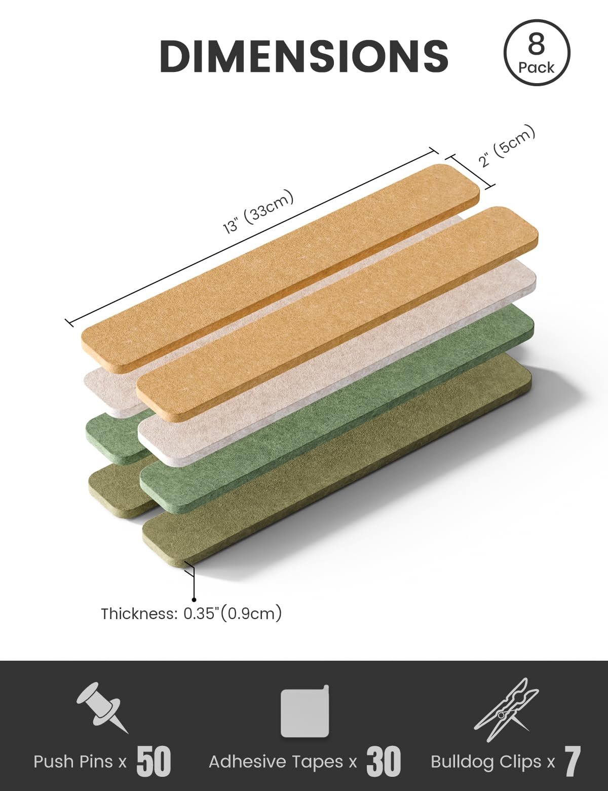 Fluxynara Cork Board Alternative Felt Strip Board 8-Pack 13"x2", Office Pin Board with 50 Push Pins, Adhesive Install for Bedroom Door & Home Office (Olive Grove)