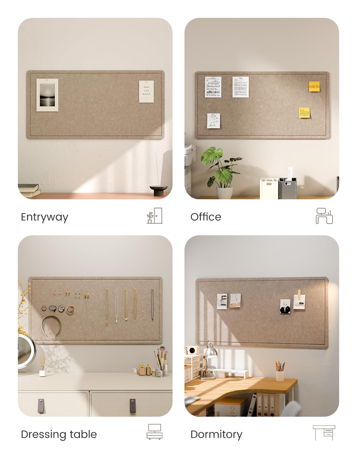 Fluxynara Bulletin Board, 35" x 17.5" Cork Board Alternative with 12 Safe Removable Adhesive Tabs, Foldable Felt Pin Board for Home Office, Classroom, Bedroom,Entryway for Walls—Taupe