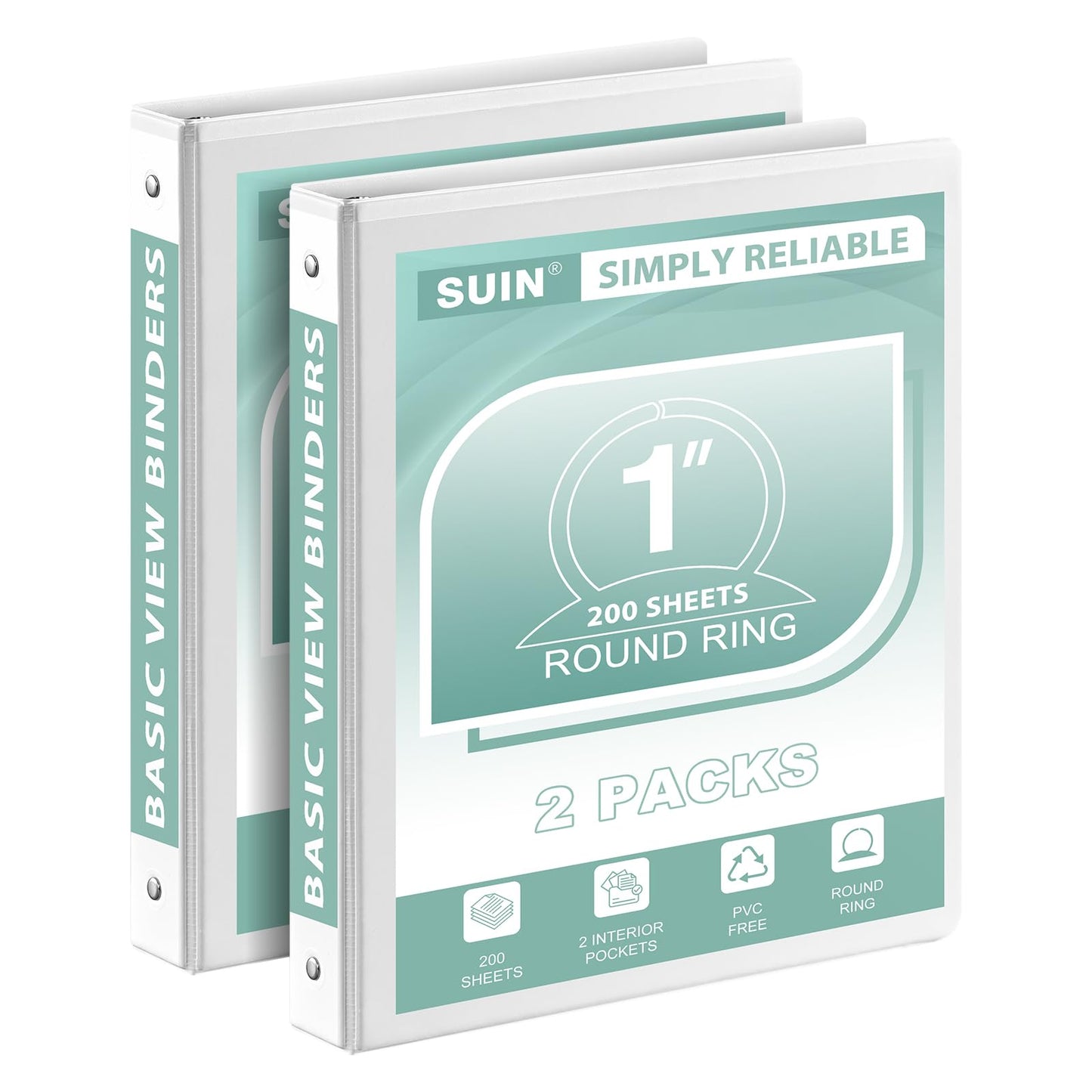 SUIN 1-Inch 3-Ring-Binder, Customizable Clear View Cover, for US Letter Size 8-1/2 x 11'', Perfect for Office/School (White - 2 Packs)