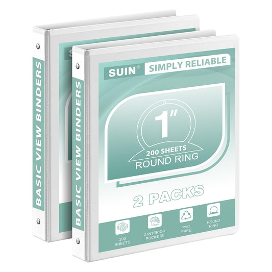 SUIN 1-Inch 3-Ring-Binder, Customizable Clear View Cover, for US Letter Size 8-1/2 x 11'', Perfect for Office/School (White - 2 Packs)