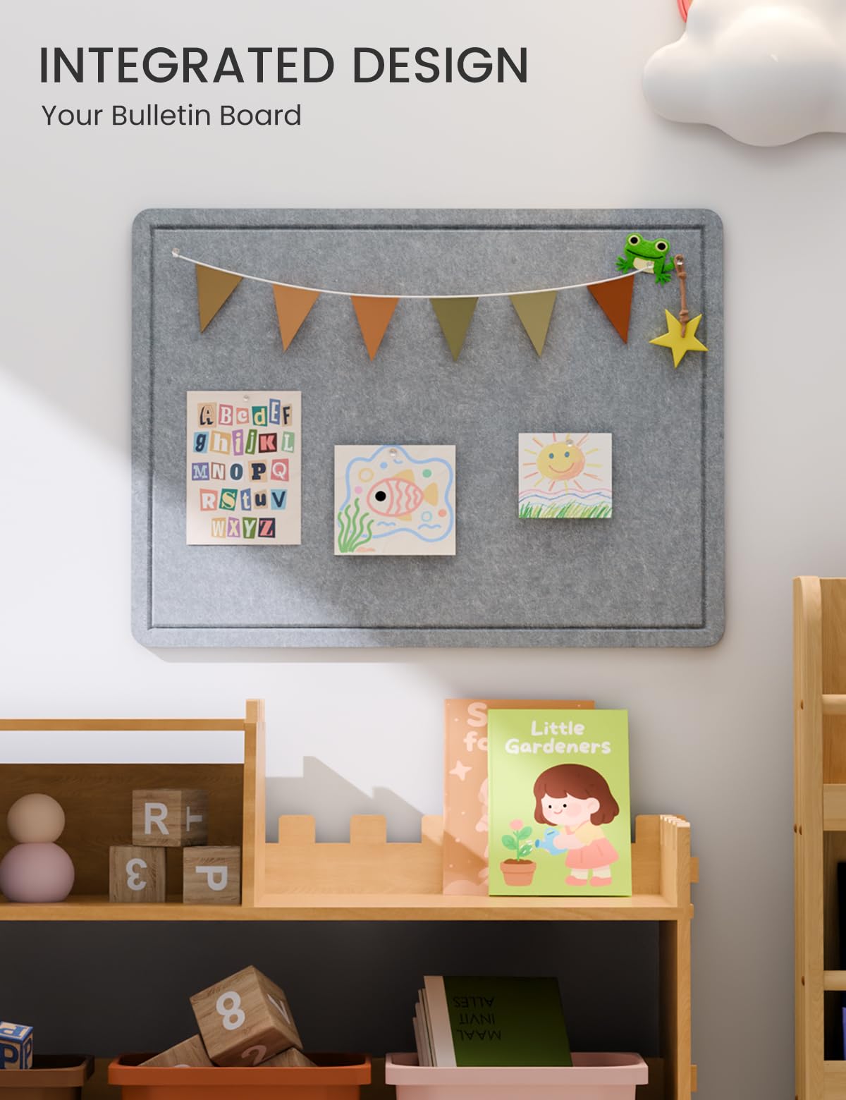 Fluxynara Bulletin Board, 23.6" x 17.5" Cork Board Alternative with 12 Safe Removable Adhesive Tabs, Foldable Felt Pin Board for Home Office, Classroom, Bedroom,Entryway for Walls—Blue Gray