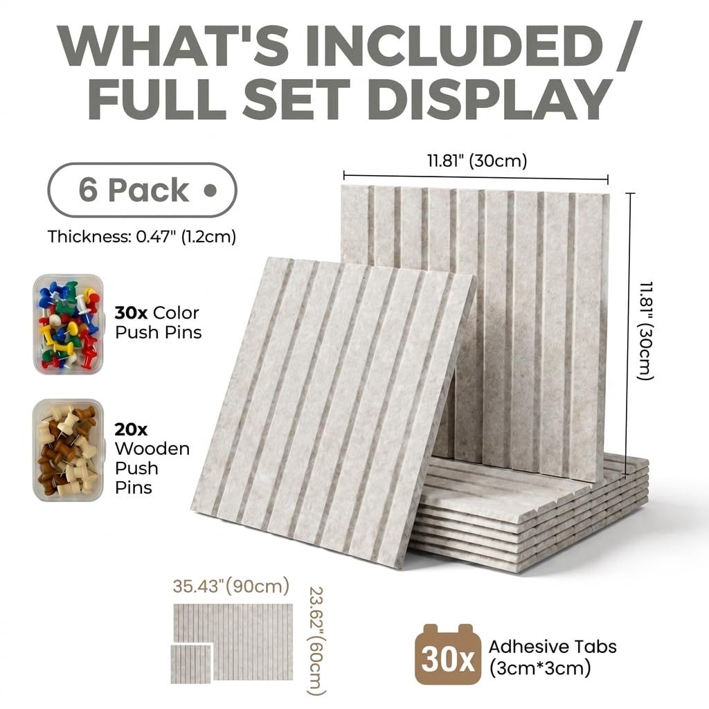 LOUKAII 0.47" Extra Thick Felt Bulletin Board, 6 Pack 36"x24" Large Pin Board with 50 Push Pins & 30 Removable Adhesive Tabs, No-Warp Wall-Friendly Display for Home Office Classroom, Oatmeal