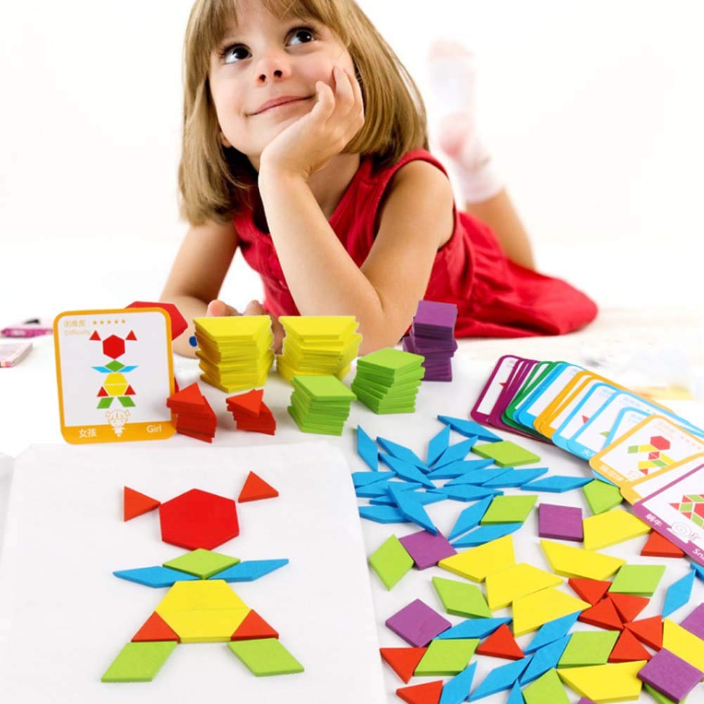 JCREN Wooden Pattern Blocks Montessori Toys Shape Puzzles Kindergarten Classic Educational Tangram Geometric Brain Teaser Toys Best STEM for Kids Ages 4-8 with 24 Pcs Cards