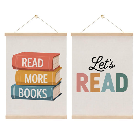 2PCS Books Read Poster Hanger,Reading Nook Library Decor,Educational learning Posters Hanger,Let's Read Sign Wall Art Wall Hanging Banner for Reading Room Classroom Nursery Decor 15.8x11.8 Inch