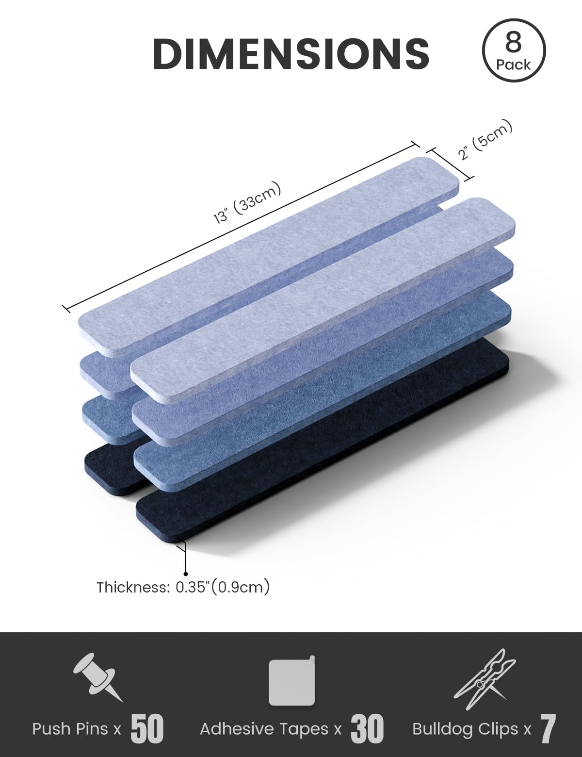 Fluxynara Cork Board Alternative Felt Strip Board 8-Pack 13"x2", Office Pin Board with 50 Push Pins, Adhesive Install for Bedroom Door & Home Office (Denim Mist)