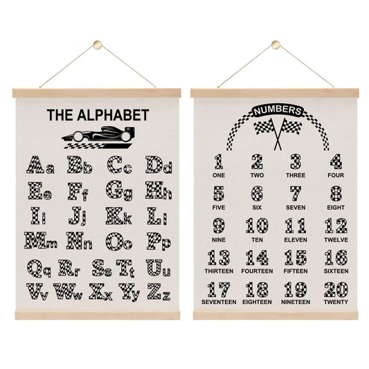2PCS Car Race Room Alphabet Wall Decor Poster Hanger, F1 Car Enthusiast Room Decor, Boys Educational Posters Wall Art With Wooden Frames for Boys Playroom Nursery Decorations 15.8x11.8 Inch