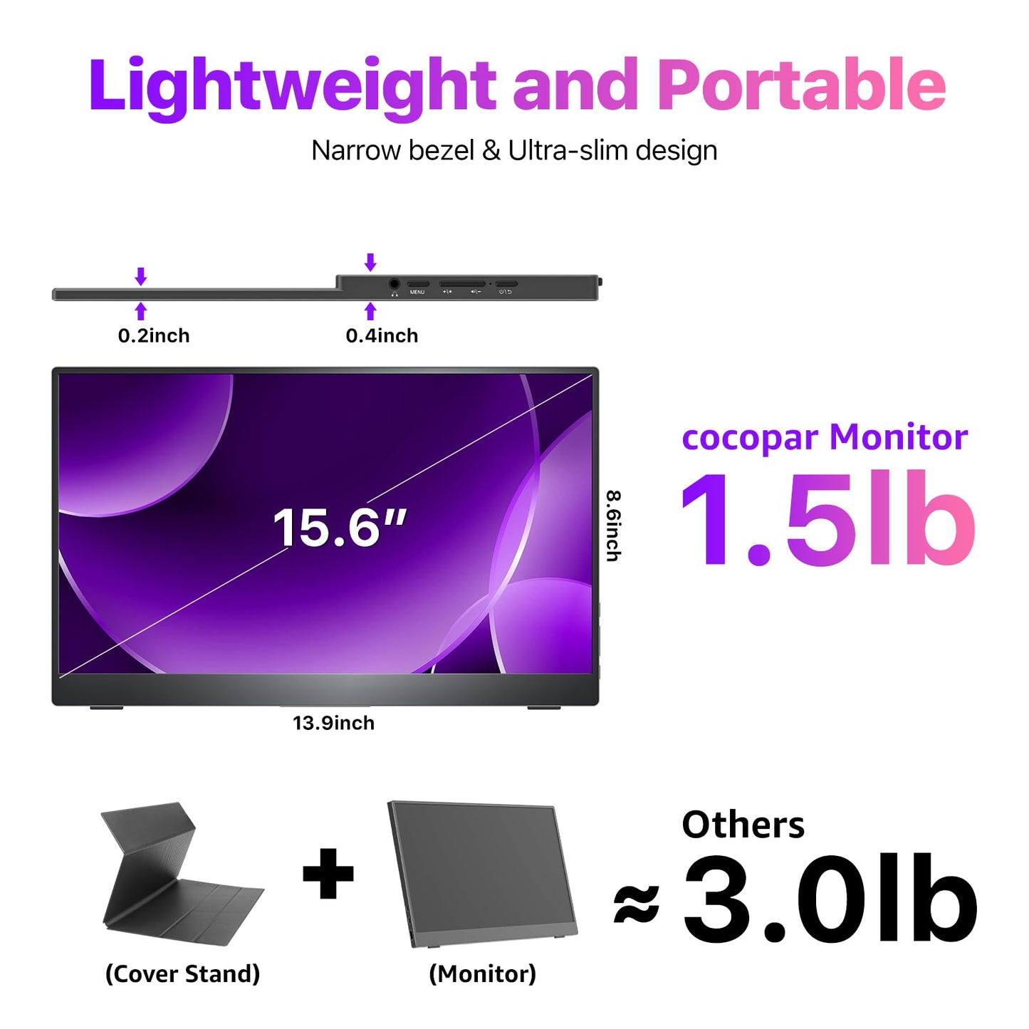 cocopar Portable Monitor 15.6 Inch 4K UHD 60Hz 145% sRGB Travel Monitor with Speaker HDMI USB-C Second Screen for Laptop MacBook Surface PC Xbox PS4/5, VESA Mountable, with Kickstand