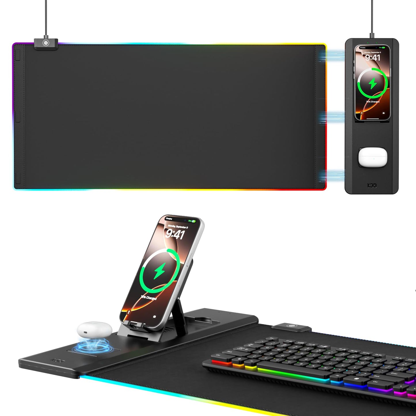 KDD RGB Mouse Pad with Wireless Charging - Desk Mat with Phone Holder and 15W Fast Charger - Gaming Mousepad with Ultra-Smooth Surface, Non-Slip Base - Keyboard Mat for Home Office Gamer Accessories