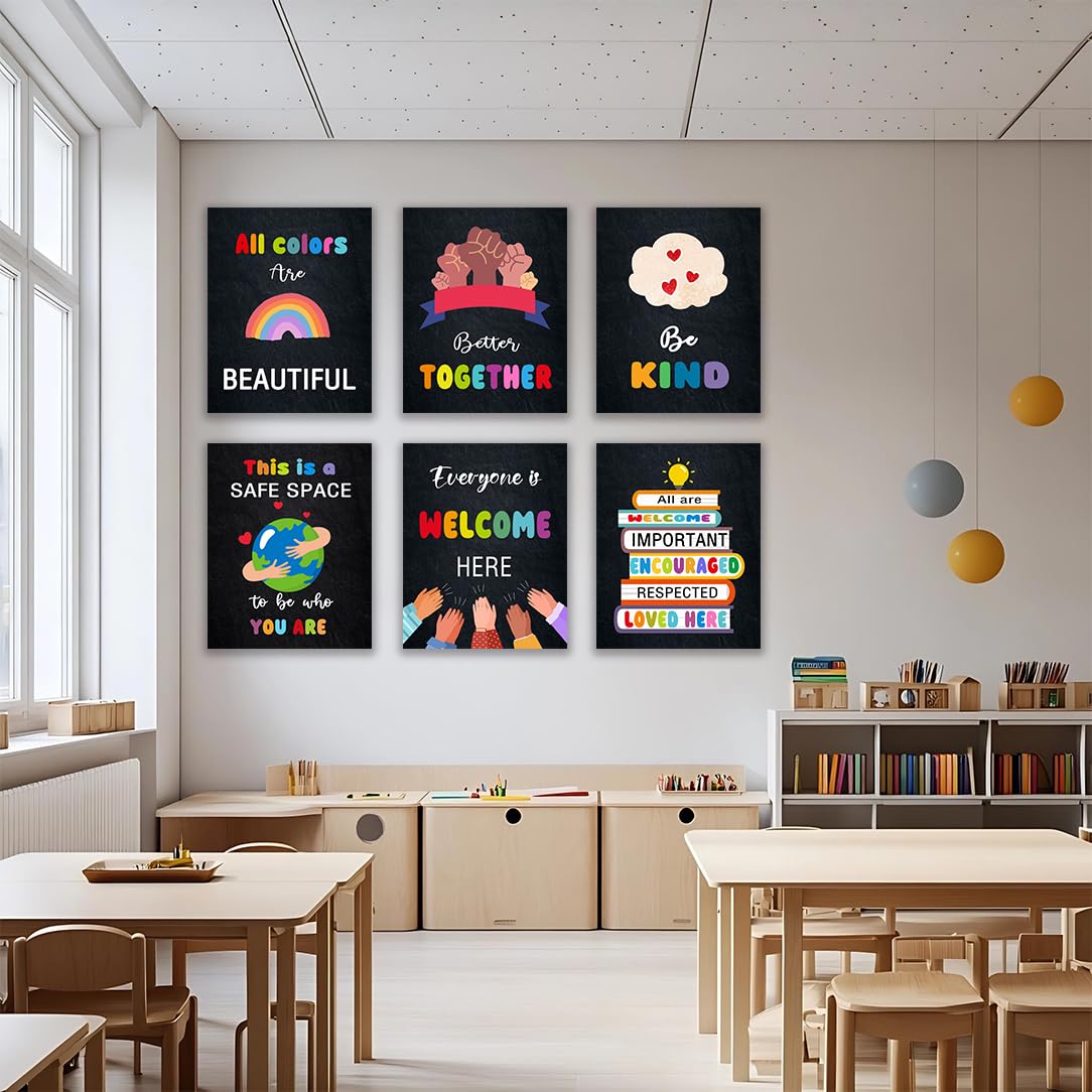 Diversity for Classroom Decorations Canvas Wall Art Decoration,Kindness Diversity ,Teacher for Elementary Classroom DecorLiving Room Canvas Wall Art,Home Deco,Tabletop/Hanging，6-pack(29 x 38 cm) framed